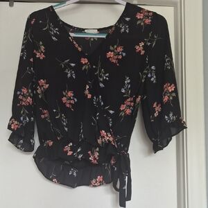 Sienna Sky Black Floral Wrap Blouse with Coral and Light Blue Blooms